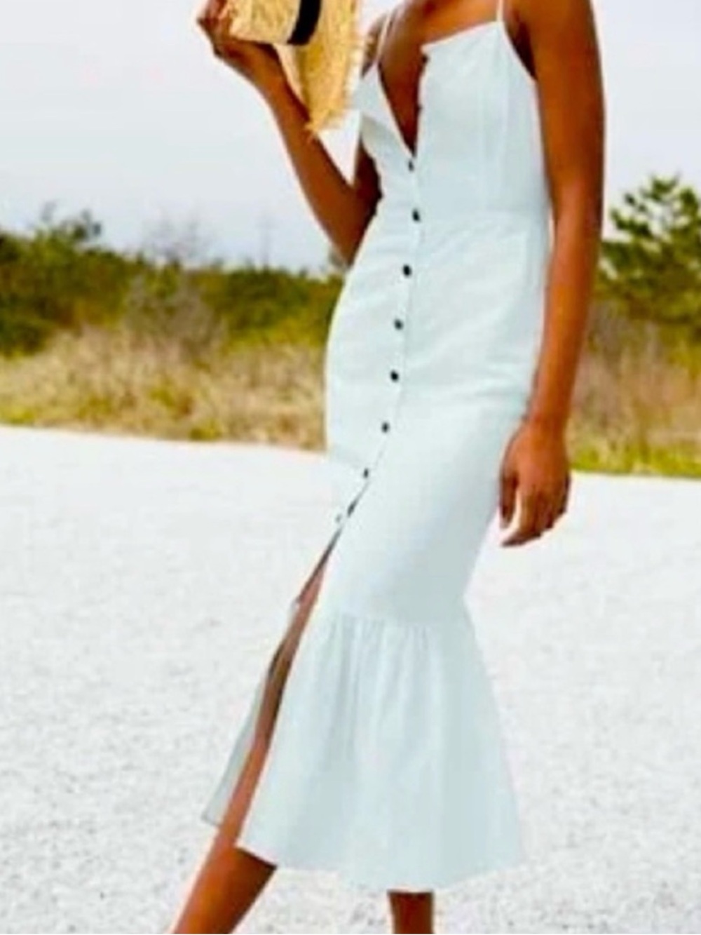Something Navy White Button-Front Midi Dress with Flounce Hem, Size Small